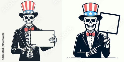 Skeleton Uncle Sam holding blank sign. Funny Animal Vector Clip art. Bony patriotic figure displaying vacant placard freedom democracy concept.