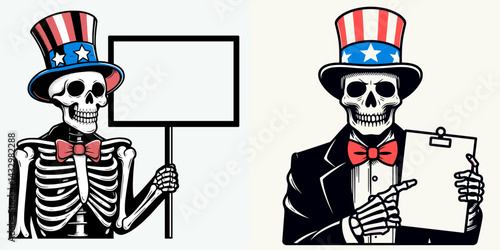 Skeleton Uncle Sam holding sign 1. Funny Animal Vector Clip art. Bony personification figure displaying placard patriotic allegory of mortality.