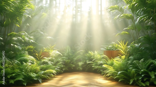 Lush jungle, sun rays, empty space