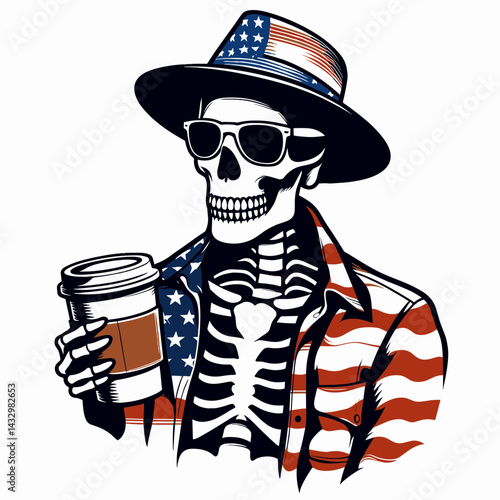 skeleton wear american flag Casual Coffee Date. Funny Animal Vector Clip art. Bone attire united states banner relaxed cafe meetup informal morning.