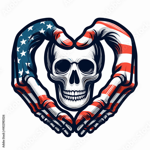 skeleton wear american flag Curve hands inward to make a heart gesture. Funny Animal Vector Clip art. Bony figure adorned with patriotic banner forming cardiac shape curved palm.