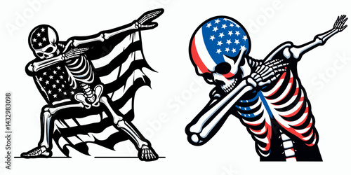 skeleton wear american flag dabbing. Funny Animal Vector Clip art. Patriotic bone figure doing the dab with a usa banner garment attire.