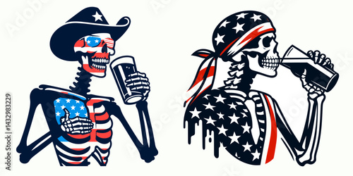 skeleton wear american flag drink beer. Funny Animal Vector Clip art. Bony figure attire patriotic banner potable lager beverage revelry.