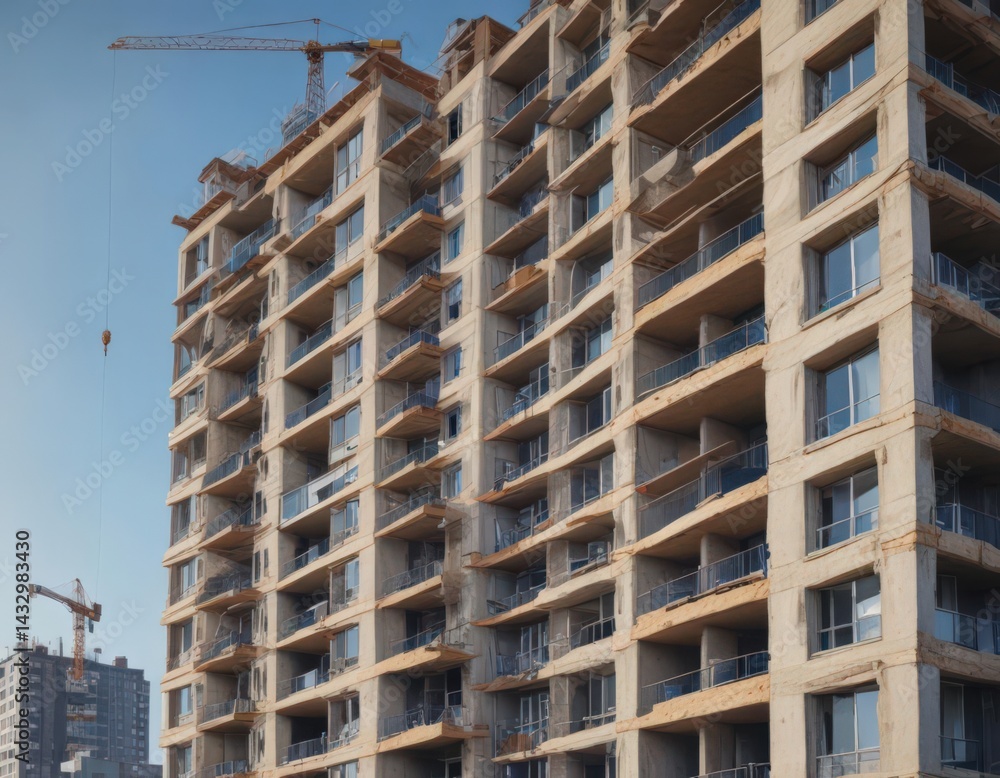 Fototapeta premium Modern apartment building under construction Blueprints, cranes, progress , residential, high rise