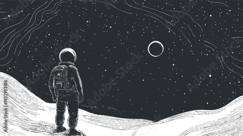 Black and white illustration of an astronaut standing on the moon looking at stars and a planet in space.