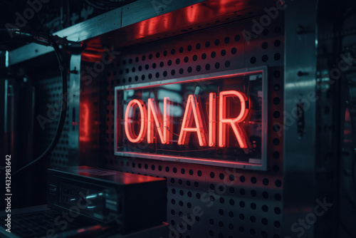 Wallpaper Mural Vibrant Neon 'ON AIR' Sign Illuminating Studio Environment in Deep Red and Blue Hues Torontodigital.ca