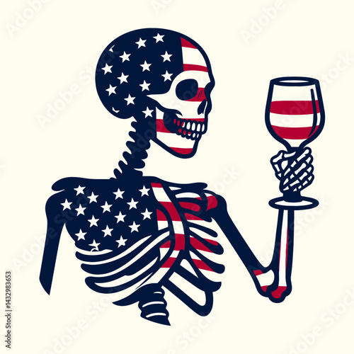 skeleton wear american flag Elegant Wine Toast. Funny Animal Vector Clip art. Patriotic skeletal attire fancy vino celebration spirited festive occasion.
