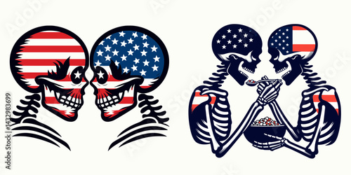 skeleton wear american flag Eyes Locked in Intimacy. Funny Animal Vector Clip art. Bony figure patriot apparel intense gaze closeness love bond.