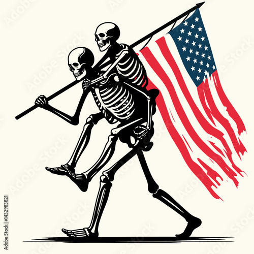skeleton wear american flag Giving a piggyback ride1. Funny Animal Vector Clip art. Bony figure sporting stars & stripes offering back carry adventure.