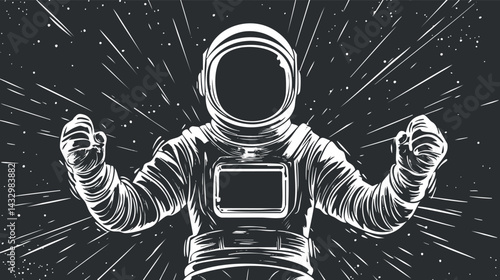 Illustration of an astronaut in a space suit floating in outer space with stars and cosmic background