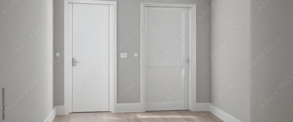Fototapeta premium Modern white interior door, sleek handle, closed , handle, detail, panel door