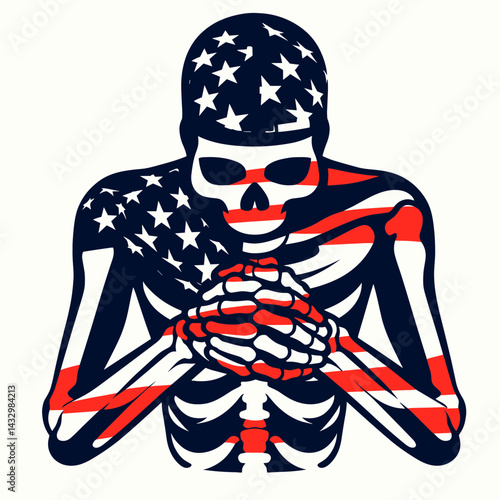skeleton wear american flag Holding hands. Funny Animal Vector Clip art. Bony form donning patriotic banner clasping palm unity theme.
