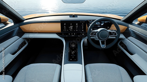 Modern car interior design features sleek lines and minimalist aesthetic, showcasing blend of technology and comfort. dashboard is equipped with large touchscreen display, while seating