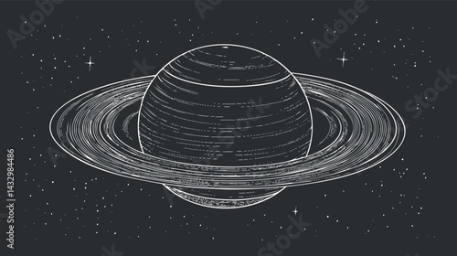 Hand drawn illustration of a ringed planet resembling Saturn in outer space with stars background