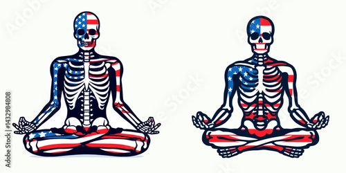 skeleton wear american flag meditation. Funny Animal Vector Clip art. Bony attire patriotic banner contemplation internal peace stars & stripes mort.