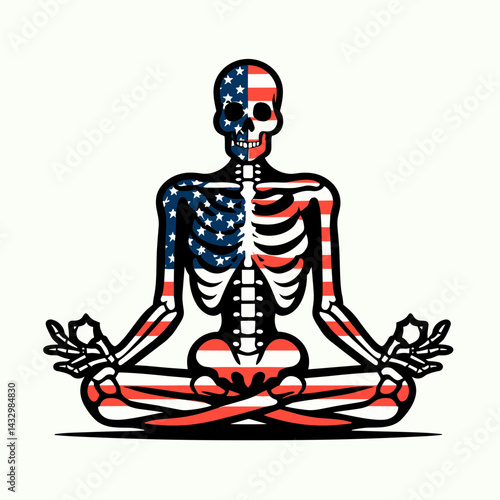 skeleton wear american flag meditation. Funny Animal Vector Clip art. Bony form donned stars and stripes contemplation freedom inner peace.
