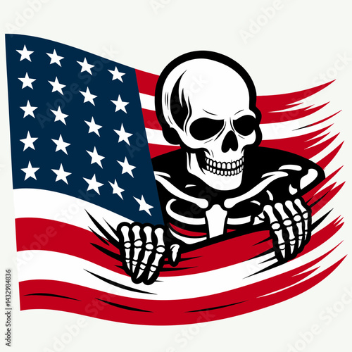 skeleton wear american flag peeking pose. Funny Animal Vector Clip art. Bony apparel us banner spying position halloween patriot grim motif.