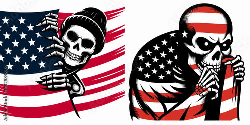 skeleton wear american flag peeking pose. Funny Animal Vector Clip art. Bony figure with stars and stripes garment spying showing usa symbol idea.