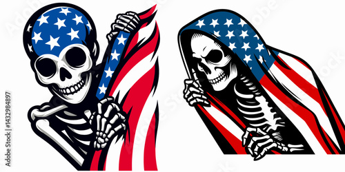 skeleton wear american flag peeking pose. Funny Animal Vector Clip art. Bony attire national banner glimpsing stance patriotic undead garment concept.