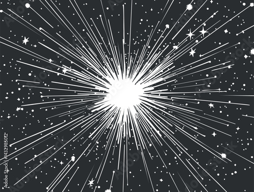 Black and white illustration of a starburst explosion with radiant lines and scattered stars in space
