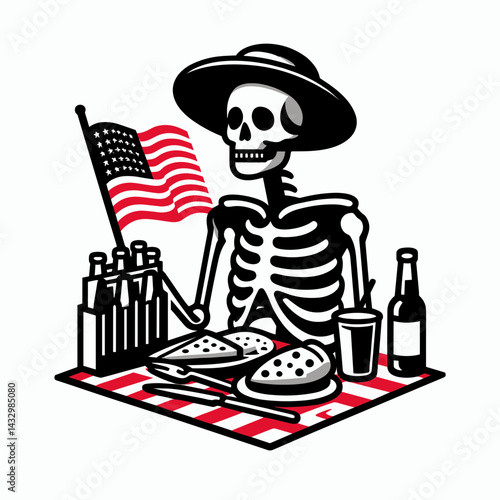 skeleton wear american flag picnic. Funny Animal Vector Clip art. Boney costume usa banner lunch alfresco gathering patriot apparel.