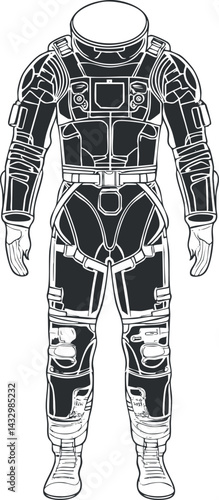 Detailed black and white illustration of a modern astronaut spacesuit designed for space exploration and protection.