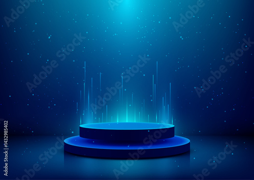 futuristic glowing blue podium in dark starry space high tech product launch digital showcase modern innovation sci fi cyber neon