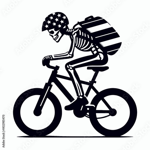 skeleton wear american flag ride bikecycle. Funny Animal Vector Clip art. Bony figure attire usa banner cruise cycle patriotic image.