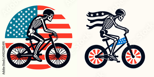 skeleton wear american flag ride bikecycle. Funny Animal Vector Clip art. Bony form attire usa banner cruise cycle patriotic outfit biking freedom.