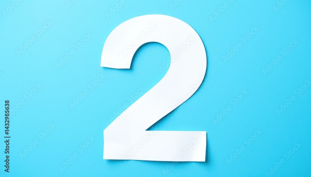 White cutout number two on light blue surface White cutout number two on light blue surface