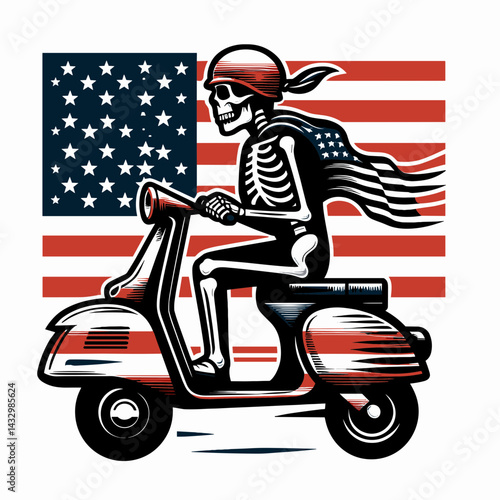 skeleton wear american flag ride retro scooter. Funny Animal Vector Clip art. Bony figure in patriotic garb cruises on vintage motorbike.