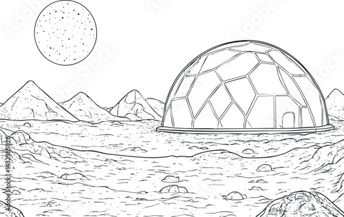 Black and white line drawing of a geodesic dome habitat on a rocky extraterrestrial landscape with mountains and a celestial body in the sky.