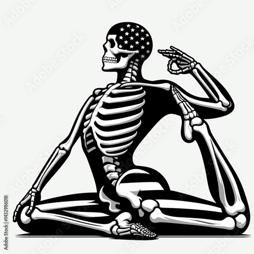 skeleton wear american flag sitting yoga poses. Funny Animal Vector Clip art. Bony figure draped national banner at ease fitness asana placement.