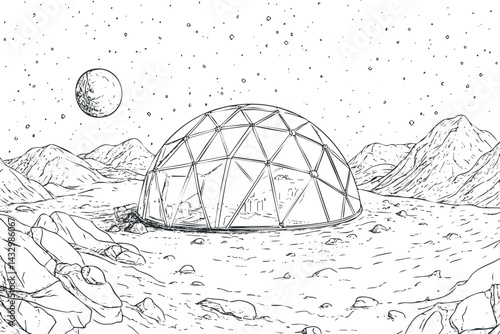 Black and white line drawing of a geodesic dome structure on a rocky alien landscape with mountains and a moon in the starry sky