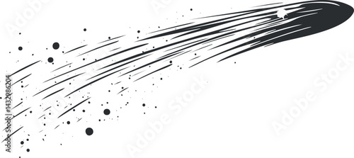 Black and white vector illustration of a comet or meteor streaking across the sky with dynamic motion lines.