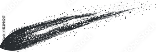 Black and white illustration of a comet streaking through space with a glowing tail and particles.