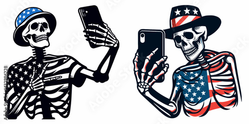 skeleton wear american flag Taking a selfie. Funny Animal Vector Clip art. Bony figure donned patriotic banner making snapshot image capturing moment.
