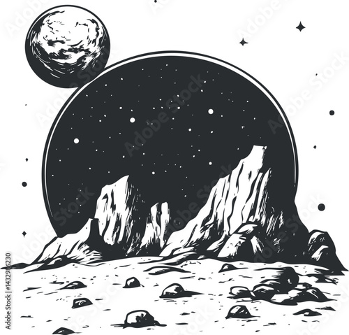 Black and white illustration of a rocky lunar landscape with craters and distant planets in outer space