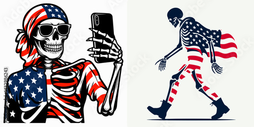 skeleton wear american flag Taking a selfie. Funny Animal Vector Clip art. Skeletal figure donning united state banner capturing self portrait image.