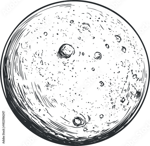 Black and white sketch illustration of the moon showing craters and surface details in space