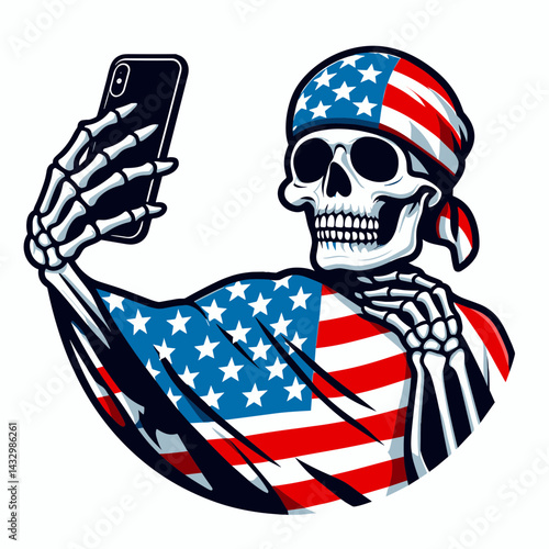 skeleton wear american flag Taking a selfie. Funny Animal Vector Clip art. Bone costume patriotic banner self-portrait image capturing with phone camera.