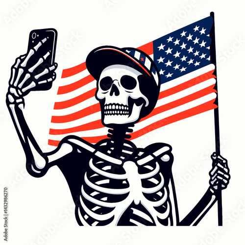 skeleton wear american flag Taking a selfie. Funny Animal Vector Clip art. Bony frame donning stars and stripes banner doing self-portrait picture.