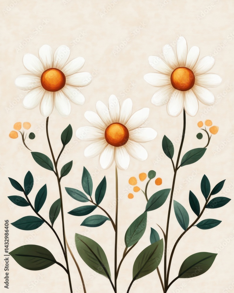 A charming watercolor painting showcases a delightful collection of wild daisies elegantly arranged in a chain formation on a light beige background creating a serene and delicate