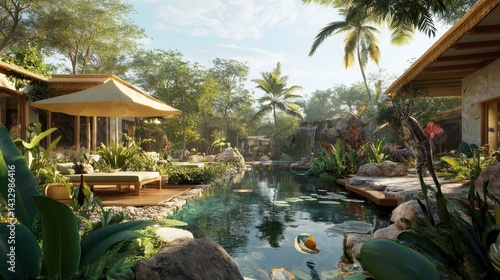 Tropical garden with pond lush greenery and buildings on a sunny day.