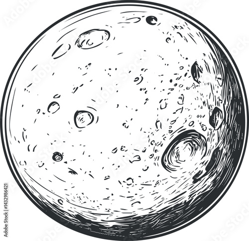 Black and white detailed sketch of the moon showing craters and lunar surface texture