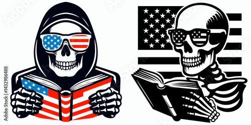 skeleton wear american flag glasses reading. Funny Animal Vector Clip art. Bony figure draped in stars and stripes eyewear perusing literature.
