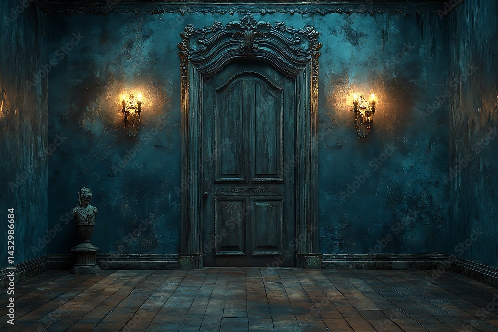Fototapeta premium Dark moody interior with ornate doorway sconces and statue in haunted house