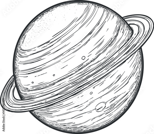 Black and white sketch illustration of a ringed planet resembling Saturn in outer space with detailed texture and rings.