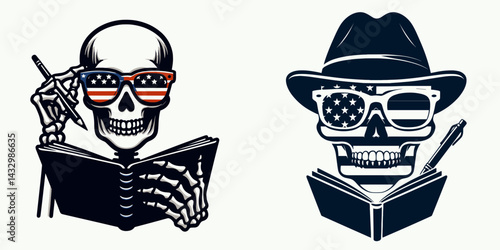 skeleton wear american flag glasses writing notebook. Funny Animal Vector Clip art. Bony physique patriotic garment eyewear jotter penning pad.