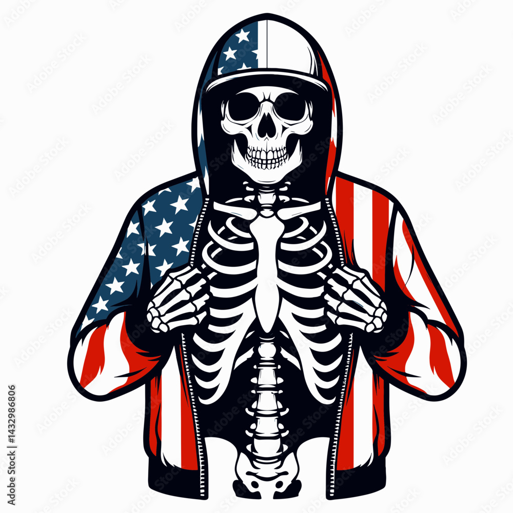 Fototapeta premium skeleton wear american flag Wearing matching outfits. Funny Animal Vector Clip art. Skeletal costume USA banner attire kindred garb patriotic theme unity.